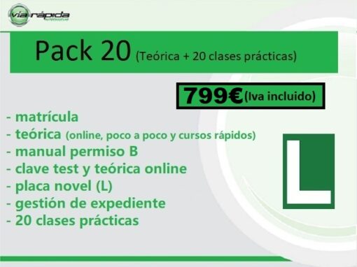 Pack 20 (matrícula+ teórica + gestión expediente+ pack 20 prácticas)
